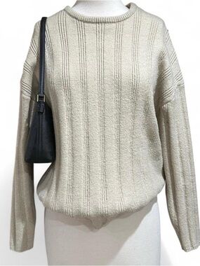 Women's Cream Ribbed Knit Sweater - Casual Crewneck
